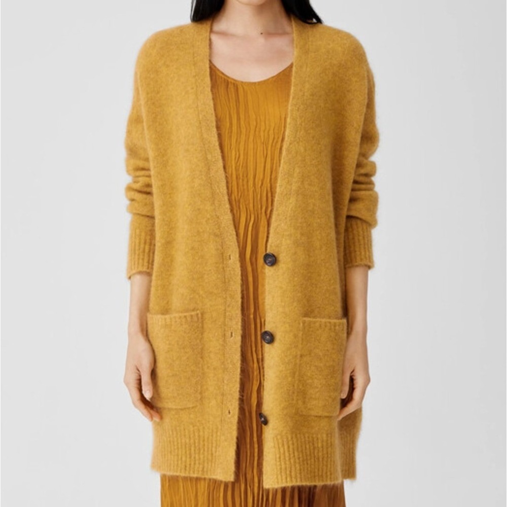 Eileen Fisher Womens Large Mohair Plush Melange V-Neck Cardigan Sweater $398